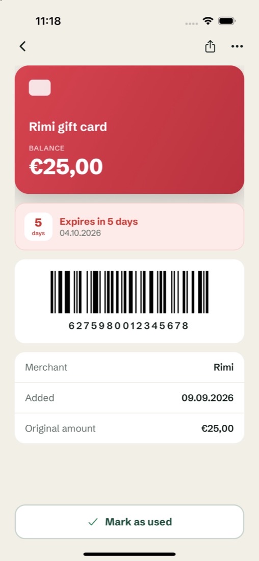 A gift card with barcode in the Giftero app