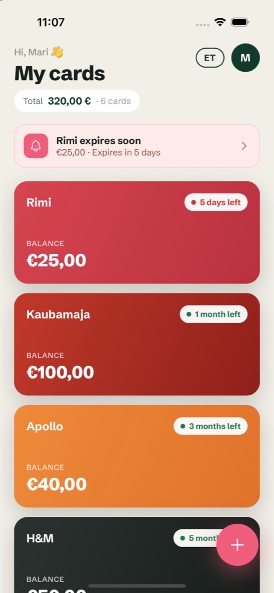 Giftero app: my gift cards with balances and expiry dates