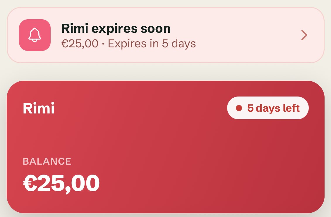 A gift card reminder in the Giftero app